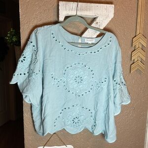 Calligraphie Embroidered Top in Light Blue Women’s Size XL